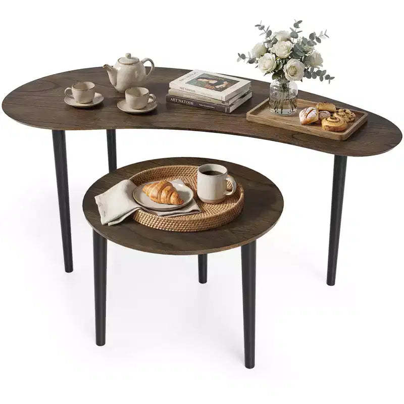 Costway Nest Coffee Tables Set of 2 Modern Accent Tables w/ Solid Wood Support Legs