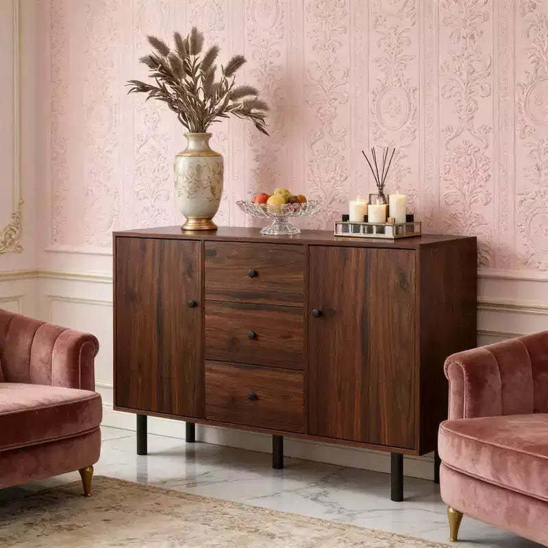 GDFStudio Ayzi Modern 50 Wooden Sideboard Cabinet with Steel Legs, 3 Drawers and 2 Doors