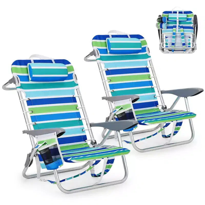 2 Pack Backpack Beach Chair, Portable & Lay Flat Folding Chair with 5-Position Recline, Adjustable Straps, Cup Holder & Phone Pocket,300 LBS Capacity
