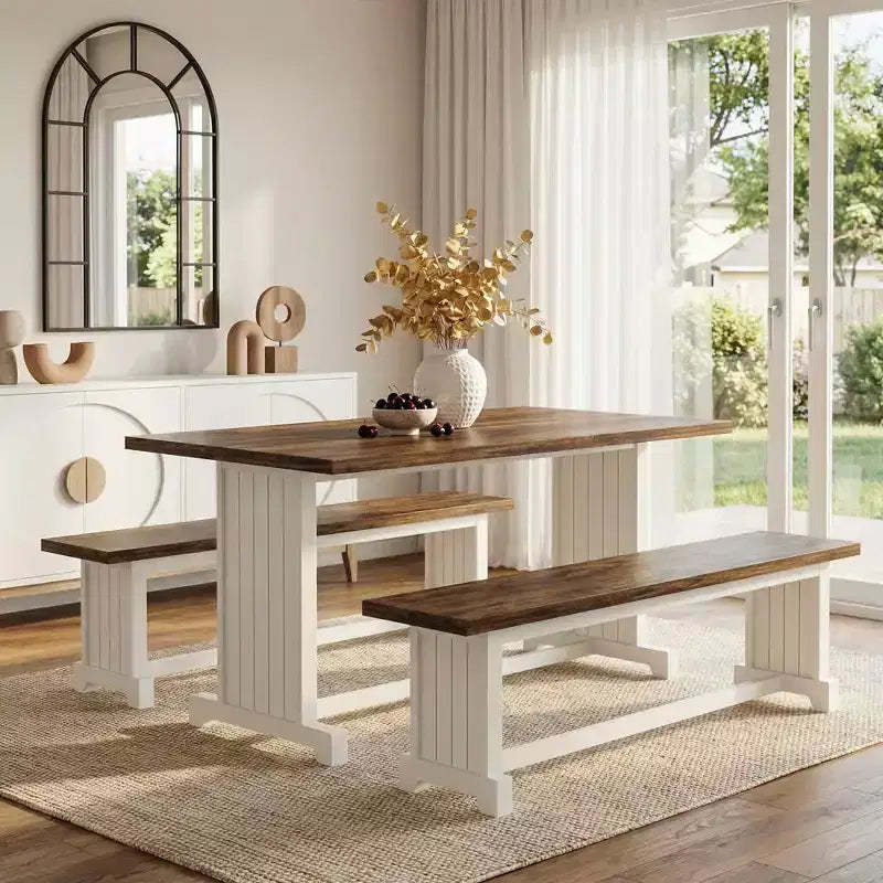 MAYEERTY 3-Piece 47 Farmhouse Dining Set with Table & Benches, 4-6 Seater Sturdy MDF & Metal Frame, Multiuse Home Cafe Furniture