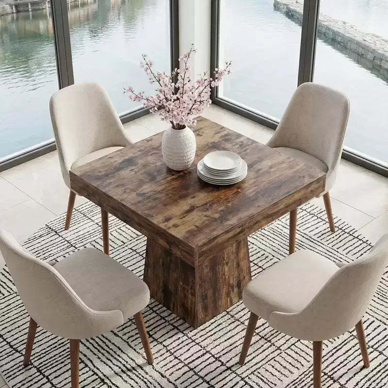 MAYEERTY 31.5 Grey Farmhouse Square Dining Table, 4-Person Sturdy Pedestal Kitchen Table