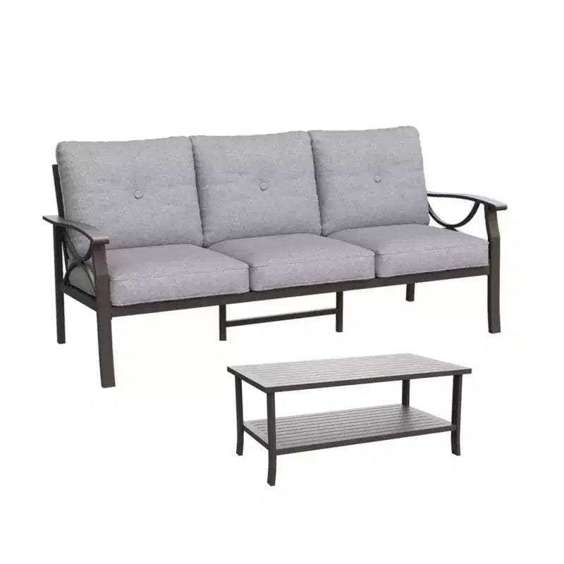 2 Piece Outdoor Patio Set, 70 Inch All-Weather Metal 3-Seat Metal Patio Sofa and Rectangular coffee Table, Khaki Frame with Gray Cushions