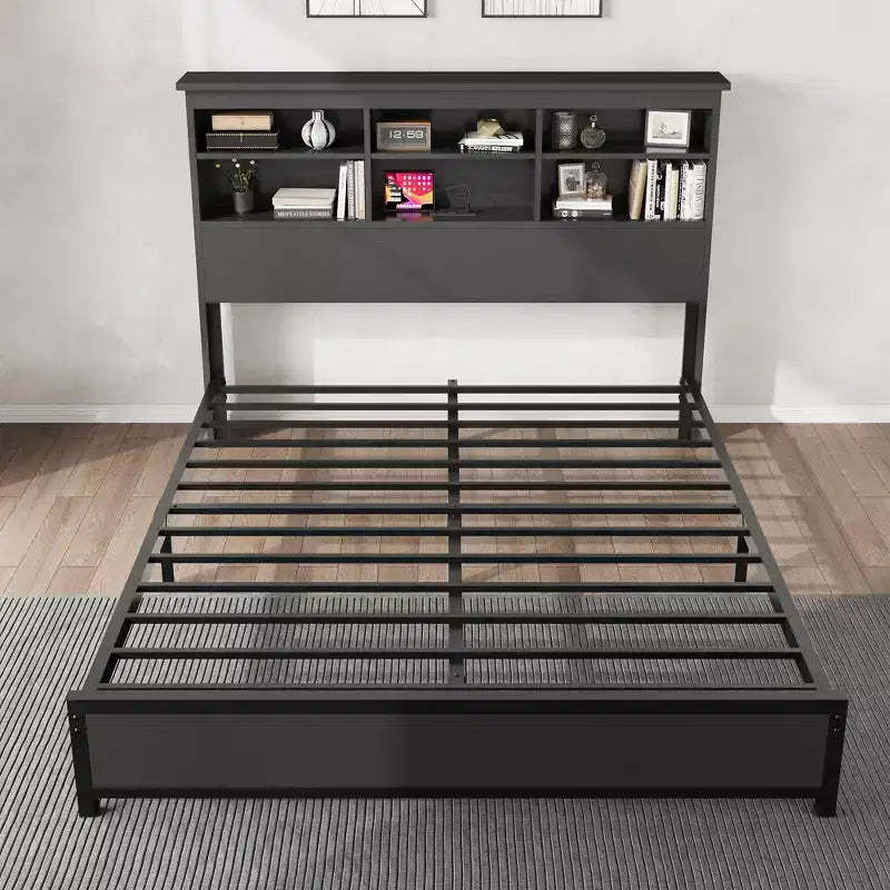 Metal Platform Bed Frame with Bookcase Headboard, USB & Charging Station, Underbed Storage, No Box Spring Needed