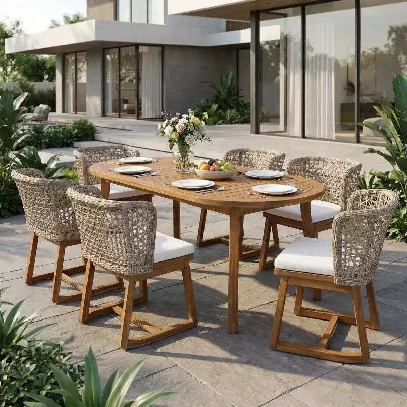 Christopher Knight Home Crunhi Modern 7 Piece Patio Acacia Dining Set with Slatted Table and Wicker Back