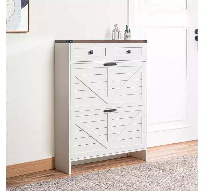 Home Imports Emporium Farmhouse Slim Shoe Cabinet with Flip Drawers  Narrow Entryway Shoe Storage Cabinet with 2 Utility Drawers