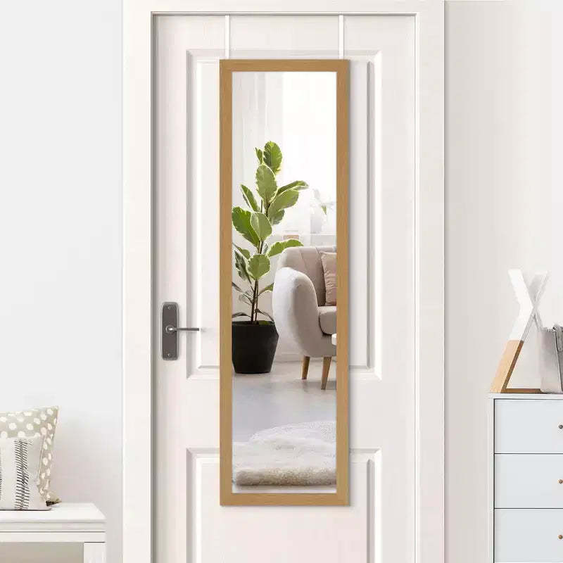 Americanflat Over The Door Mirror - Door Mirror for Bedroom, Bathroom, Dorm, Long Full Body Mirror with Hanger and Shatter-Resistant Glass - Oak