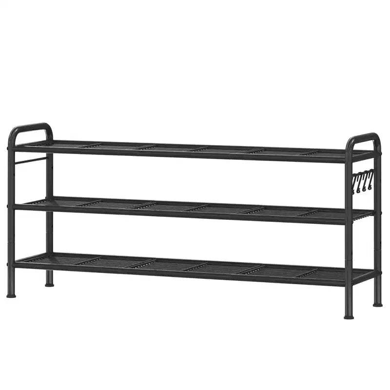3-Tier Adjustable Metal Shoe Rack Organizer with 4 Hooks, Holds 18 Pairs, Entryway Closet Shoe Shelf, Black