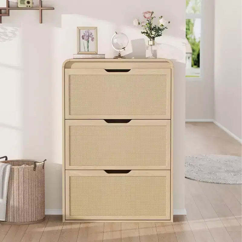 Narrow Rattan Shoe Cabinet with 3 Flip Drawers, Wooden Entryway Shoe Organizer with Adjustable & Removable Shelves, Natural Oak