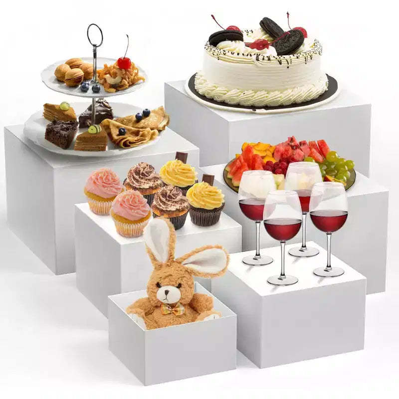 6-Piece White Stackable Display Risers for Desserts  Multi-Sized Food Stands for Bakery, Buffet, and Retail Display (Space-Saving)