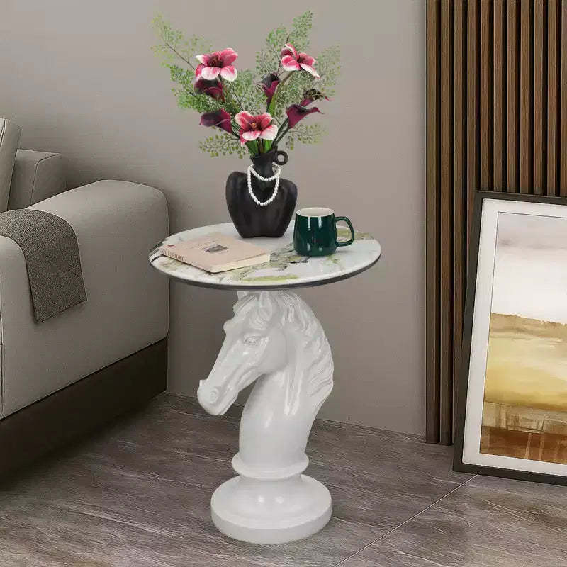 White Horse Head Accent Table, Animal Statue End Table for Living Room