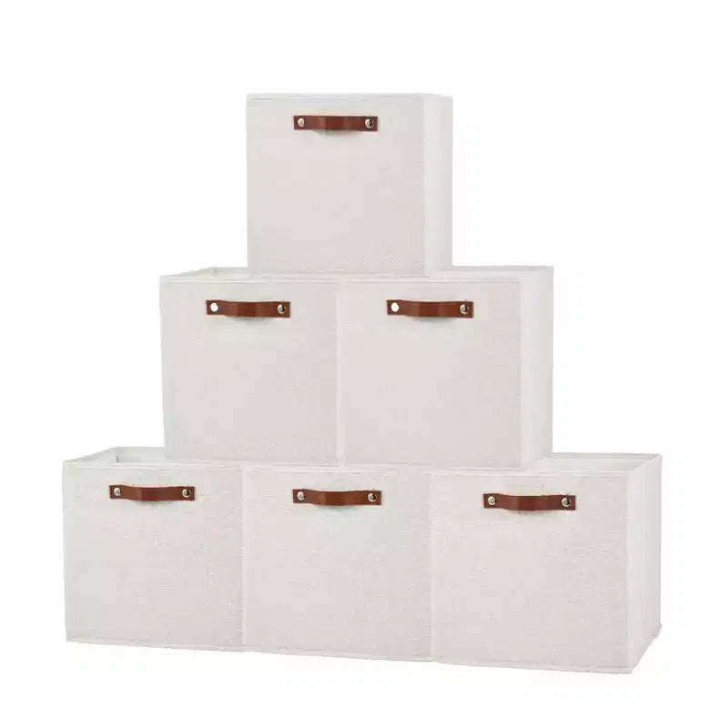 6-Pack 1313 Inch Linen Fabric Storage Cube Bins with Leather Handles for Closet Shelves