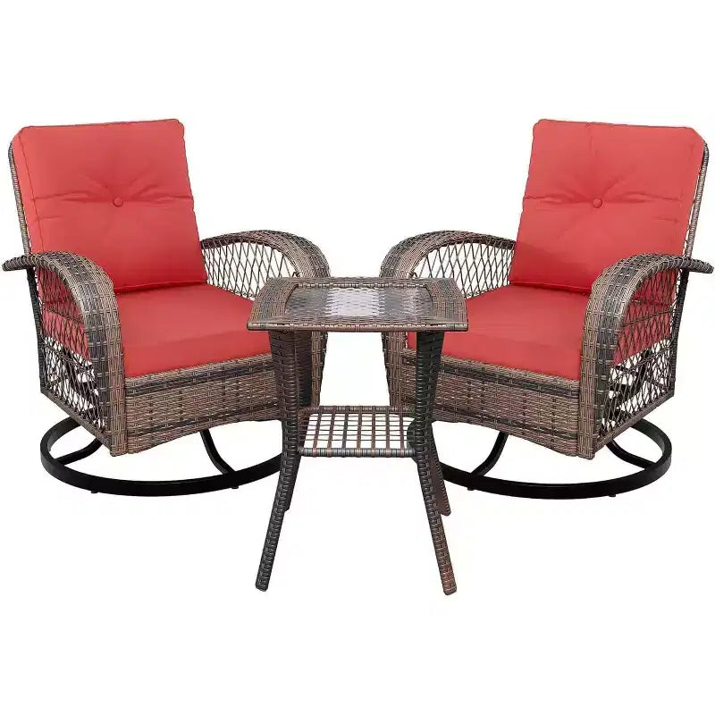 3-Piece Wicker Patio Furniture Set, Outdoor Swivel Rocker Chairs with Table, 360 Swivel Rocking Chairs with 4 Thick Cushions for Porch, Deck, Red