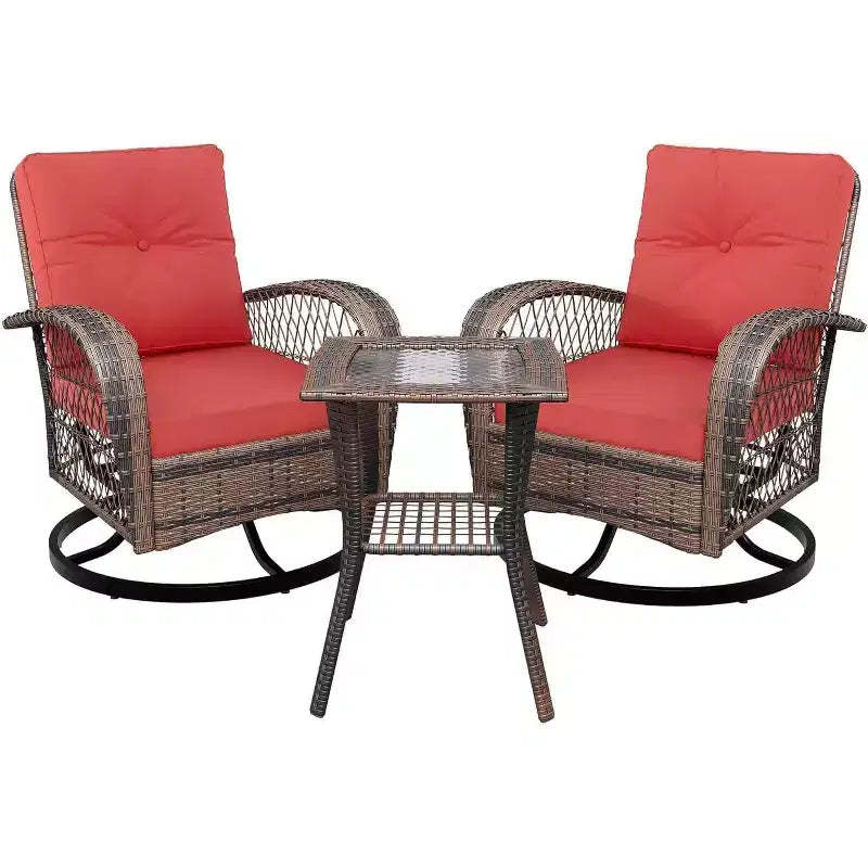 3-Piece Wicker Patio Furniture Set, Outdoor Swivel Rocker Chairs with Table, 360 Swivel Rocking Chairs with 4 Thick Cushions for Porch, Deck, Red