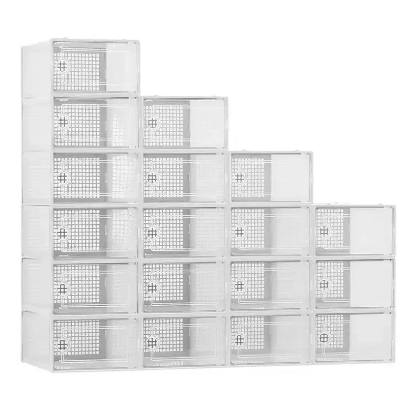 18-Pack Large Foldable Shoe Boxes, Clear Plastic Stackable Storage Containers, Closet Sneakers Organizer, Space-Saving Closet Storage