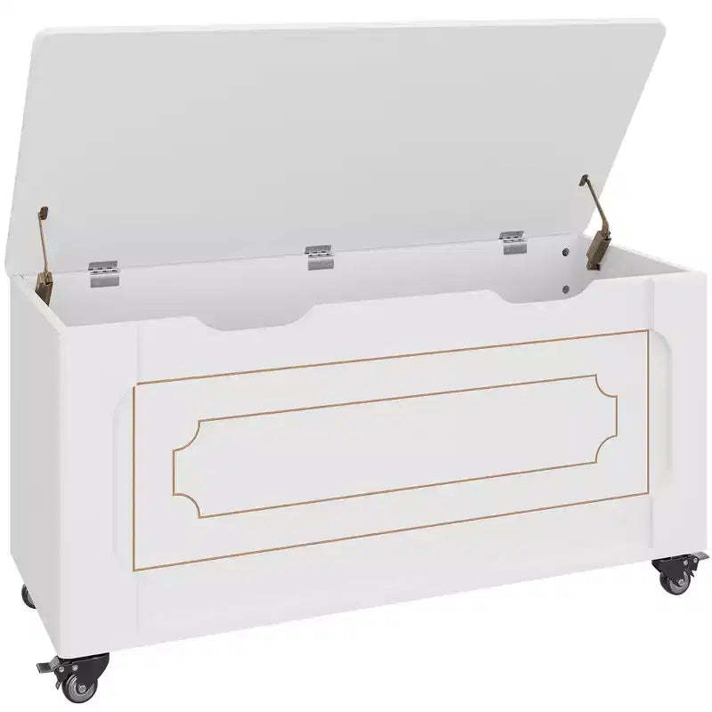 Modern Wooden Entryway Storage Bench with Wheels Lift-Top Chest, 2 Safety Hinges, Rounded Corners, 350 lbs Capacity, Shoe and Blanket Trunk, White