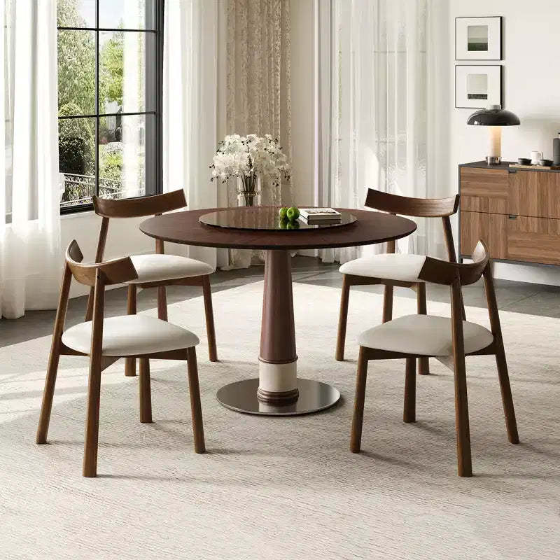 GDFStudio Torres 5-Piece Solid Wood Round Dining Table Set with Tempered Glass Lazy Susan and 4 Chairs
