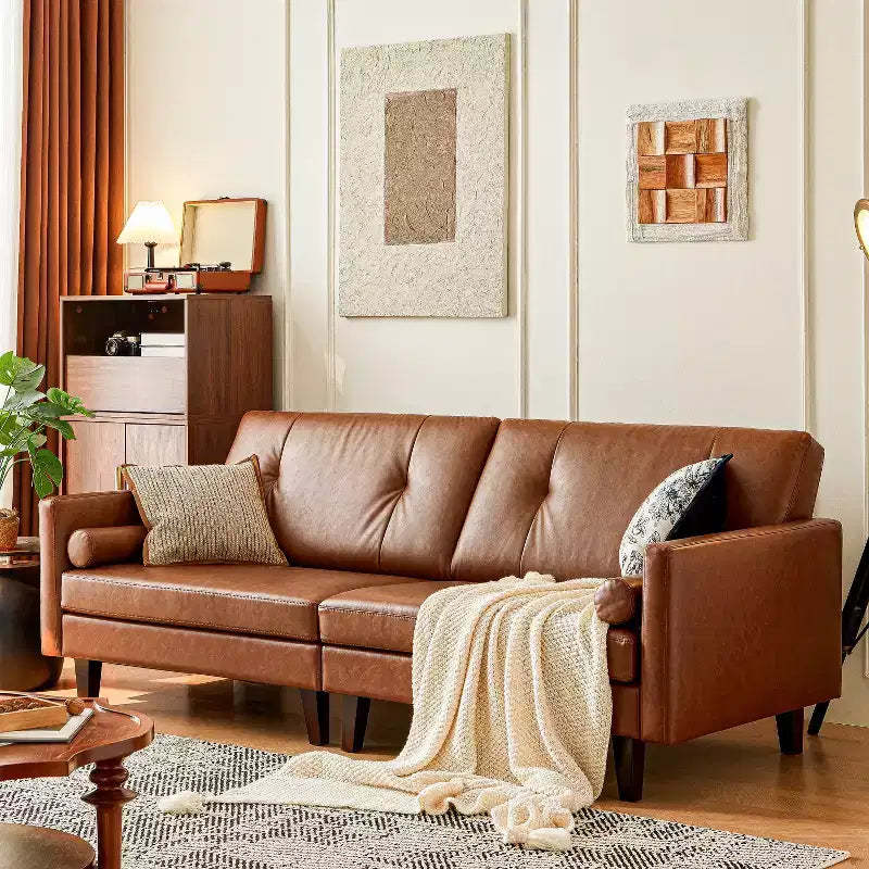 ATJafurn 86 Brown Tufted Leather Sofa with Deep Seat, Mid-Century Modern Upholstered Sectional Couch Retro Luxurious Loveseat for Living Room Bedroom