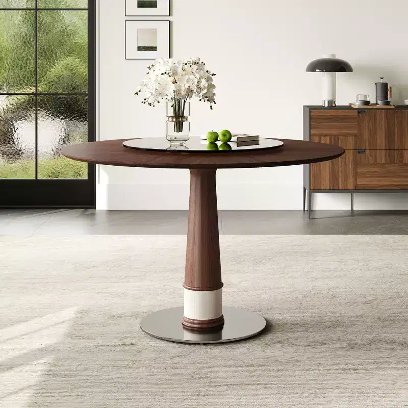 GDFStudio Emily 47-Inch Solid Wood Round Dining Table with Tempered Glass Lazy Susan and Stainless Steel Base