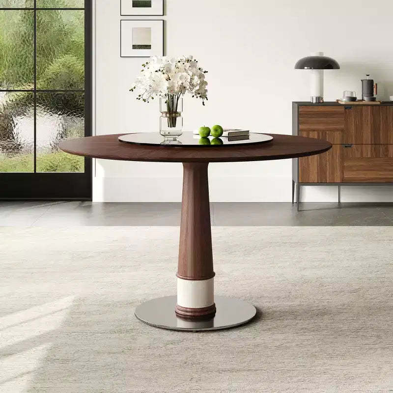 GDFStudio Emily 47-Inch Solid Wood Round Dining Table with Tempered Glass Lazy Susan and Stainless Steel Base