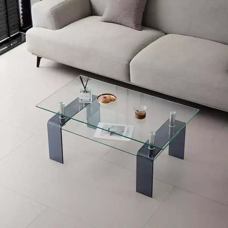 Tempered Glass Coffee Table, 2-Tier Modern Center Table with Storage and Smoke Gray Legs for Living Room