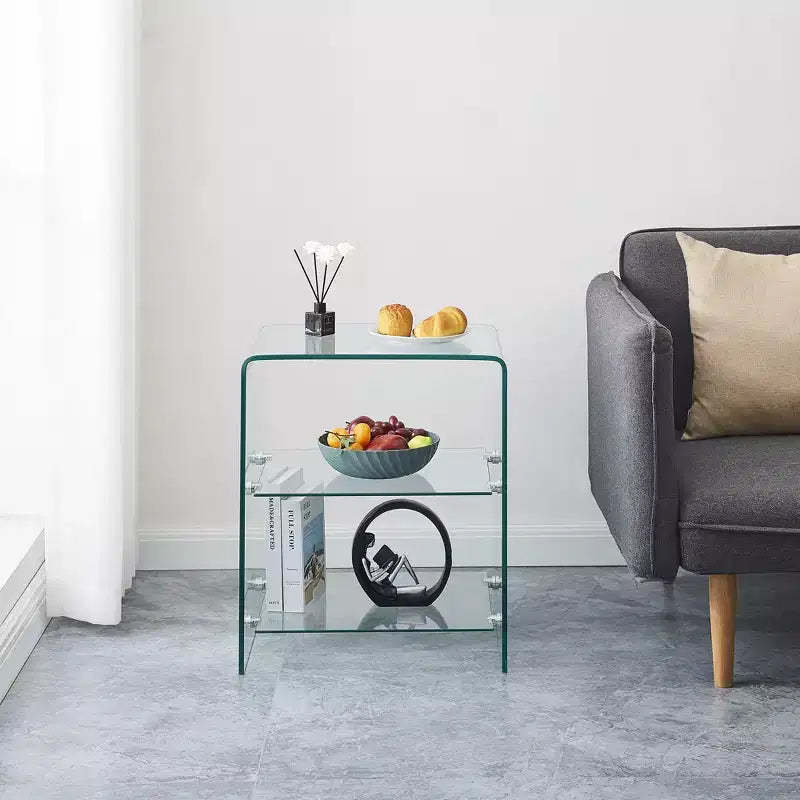 2-Tier Tempered Glass Side Table, Clear Modern End Table for Living Room and Bedroom