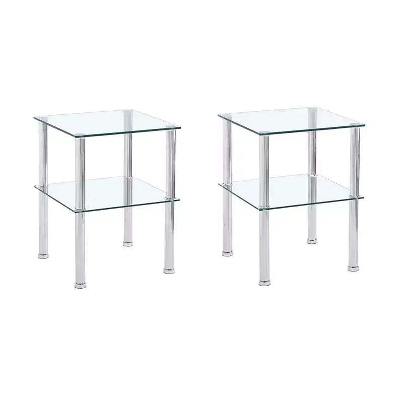 Set of 2 Clear Glass End Tables, 2-Tier Modern Nightstands with Storage Shelf for Living Room and Bedroom