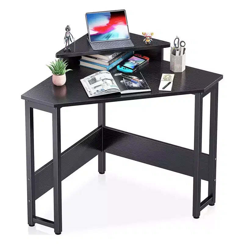 ODK B01XS01379-1 Modern Wooden Triangle Corner Fit Computer Workstation Desk with Durable Steel Frame and Raised Monitor Stand, White