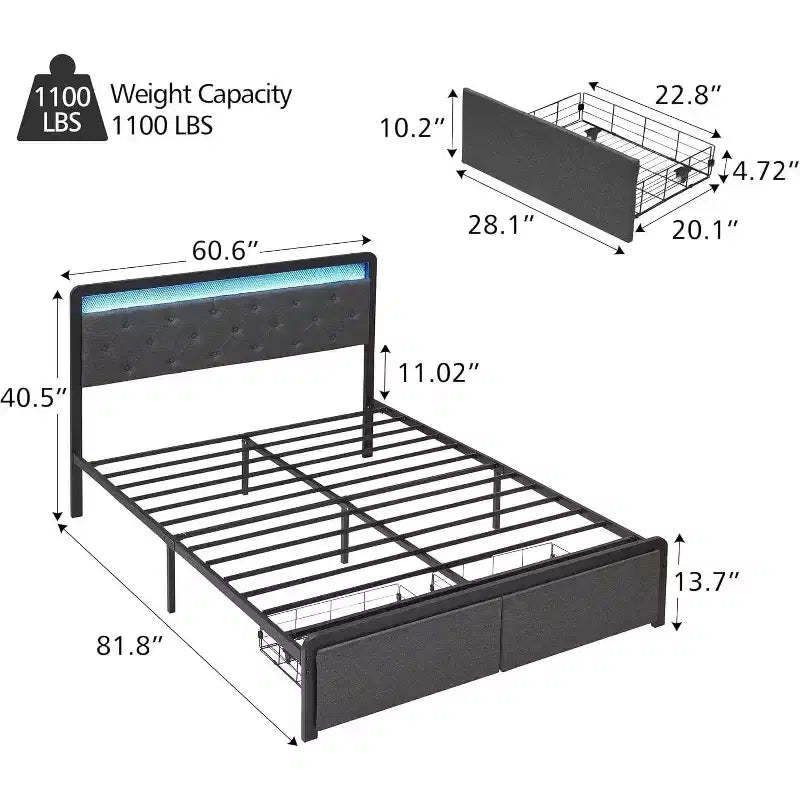 Full Size Metal Platform Bed Frame with LED Lights & 2 Storage Drawers, Noise-Free, No Box Spring Needed, Easy Assembly, Gray