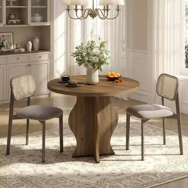 JVNOXK 31.5 Round Small Dining Table, Walnut Farmhouse Kitchen Table with Wave Pedestal, Space Saving Circle Table for Breakfast Nook, Dining Room