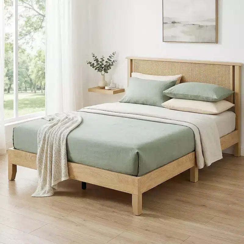 Dyonery Queen Size Rattan Wood Platform Bed Frame - Boho Natural Headboard, Sturdy Wooden Slats, Noise-Free, No Box Spring Needed, 800LBS Max Weight
