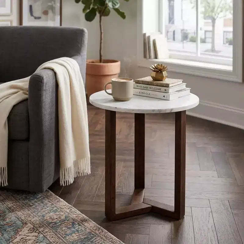 Royal Hampton Fina 20 Inch Round Side End Table, White Genuine Marble Top, Natural Brown Mango Wood 3 Leg Sled Base