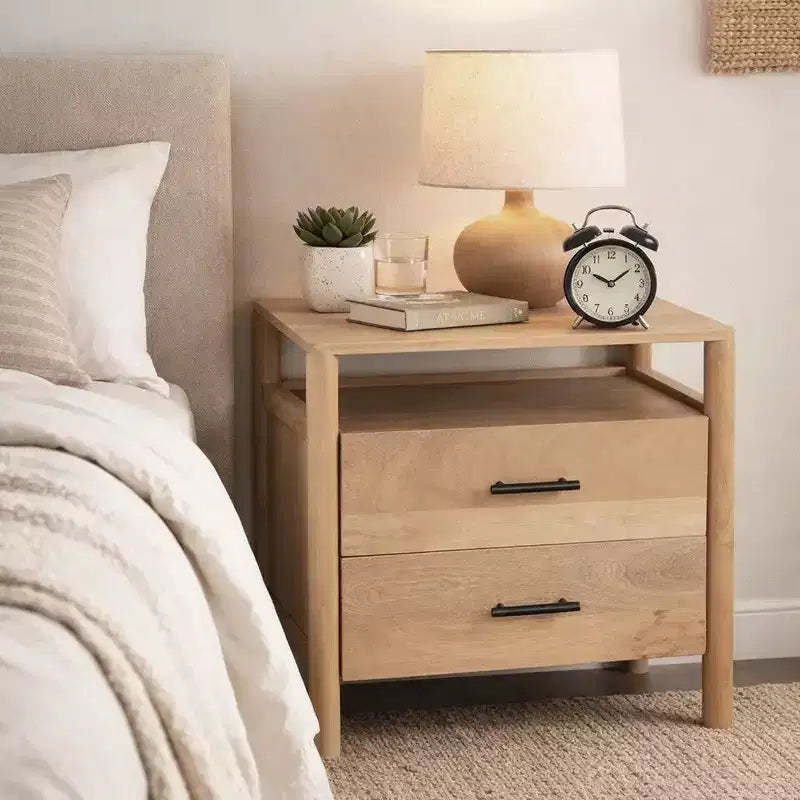 Royal Hampton Geti 29 Inch Bedside Nightstand Table, 2 Drawer, Open Shelf, Handcrafted Natural Oak White Mango Wood