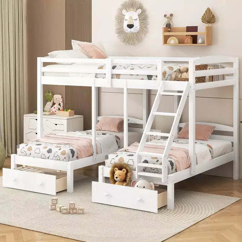 Whisen Triple Bunk Bed, Full over Twin & Twin Bunk Bed with Solid Pine Wood Frame, Storage Drawers, Shelves and Safety Guardrails - White