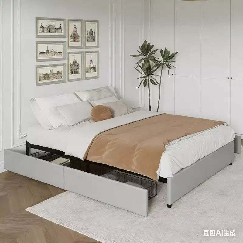 Platform Bed Frame, Fabric Upholstered with 4 Storage Drawers, Wooden Slats Support, No Box Spring Needed, Noise Free, Easy Assembly, Gray Full