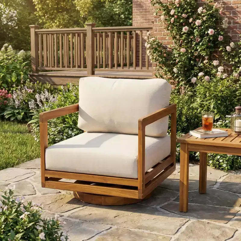 ModernLuxe Outdoor 360 Swivel Lounge Chair, Teak Finish Acacia Wood Frame with Beige Cushion, Weather-Resistant Patio Chair