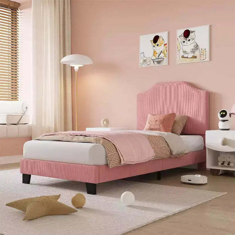 Twin Size Velvet Bed Frame, Adjustable Headboard, Soft Corduroy Upholstered Platform, Durable Wooden Slats, Noise Free, No Box Spring Needed, Pink