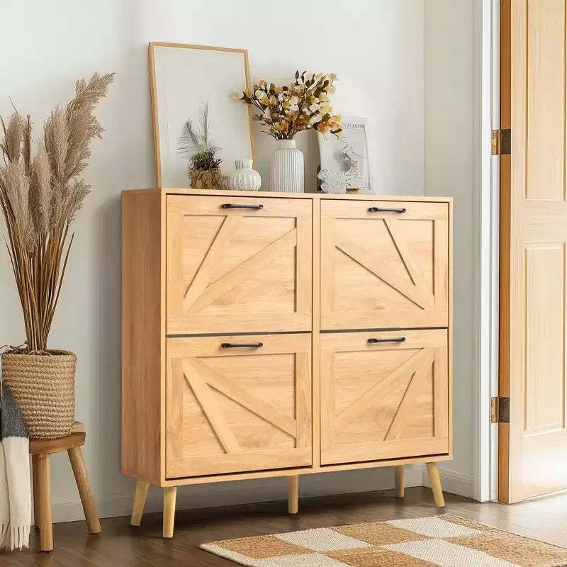 Karl Home Barn Door 4 Flip Black Handles Glued Particleboard Embossed Natural Legs Shoe Cabinet 41.7In Natural Wood