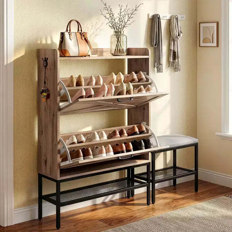 Karl Home 47 W Barn Door Flip Shoe Cabinet with Mesh Metal Legs Padded Bench