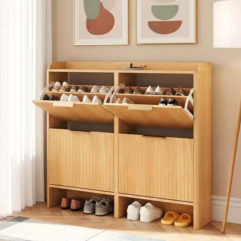 Karl Home 42.9 Inch Slatted Style 4 Flip Door Shoe Cabinet with Tabletop Baffle