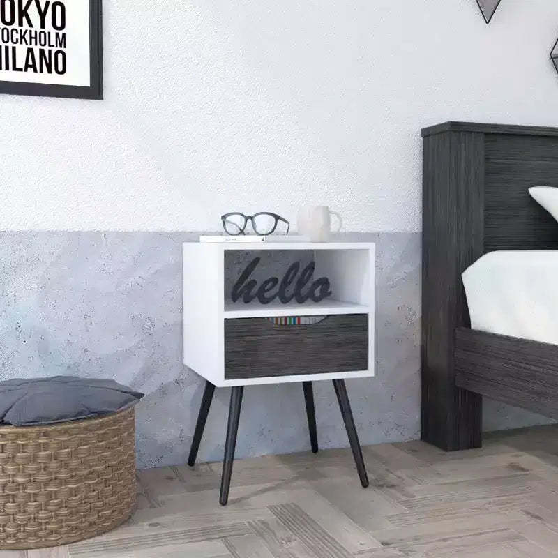 With a clean modern design, this Nightstand Fugaz, Open Shelf, Single Drawer, Smokey Oak / White Finish provides practical storage and a sturdy.