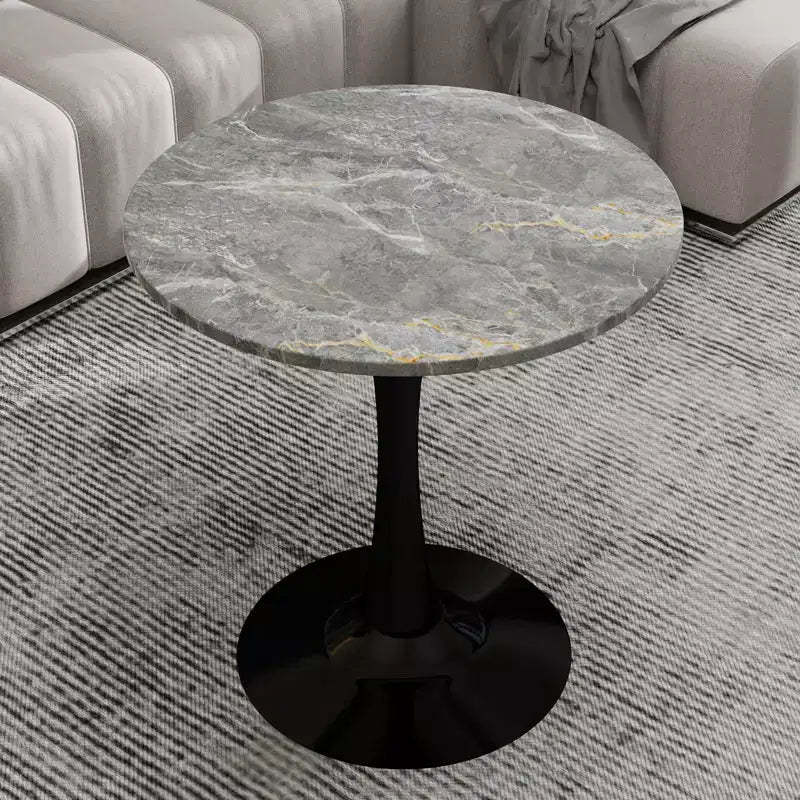 JVNOXK 27.6 Black Round Coffee Table, Mid-Century Modern with Dark Gray Textured Marble-Effect Top for 2C4 People