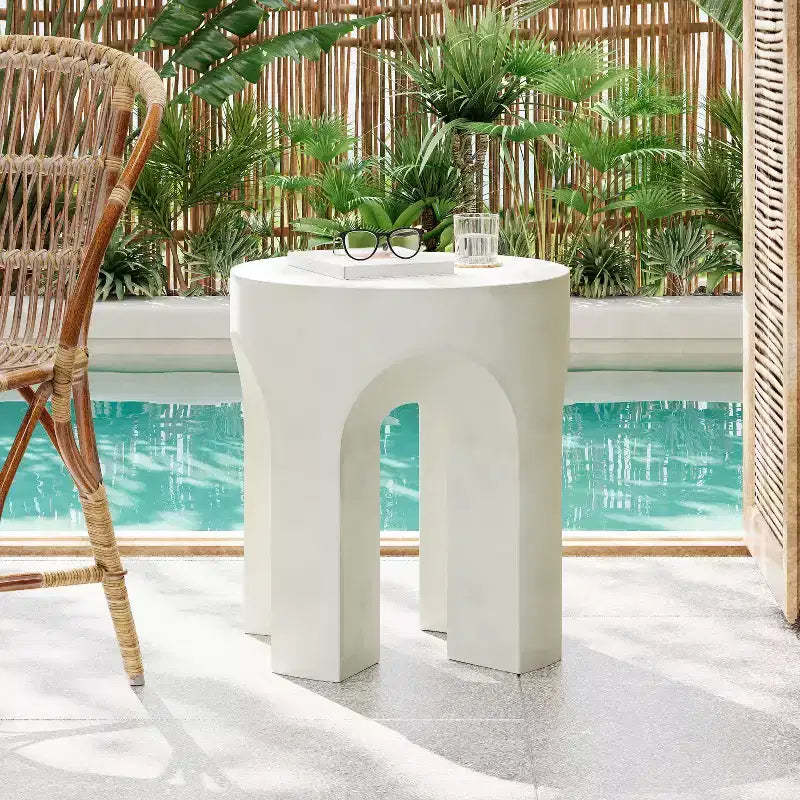 Outdoor Round Top Side Table, Living Room Accent Table, Lightweight Concrete, White