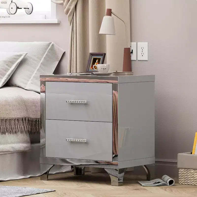 High Gloss Mirrored Sleek Modern 2 Drawer with Mirrored Accent Nightstand for Bedroom Living Room