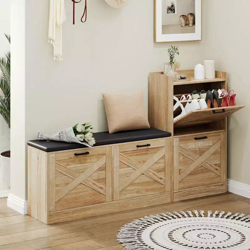Entryway Bench and Shoe Cabinet with 4 Flip Drawers for Organized Storage for Foyer, Hallway, Living Room