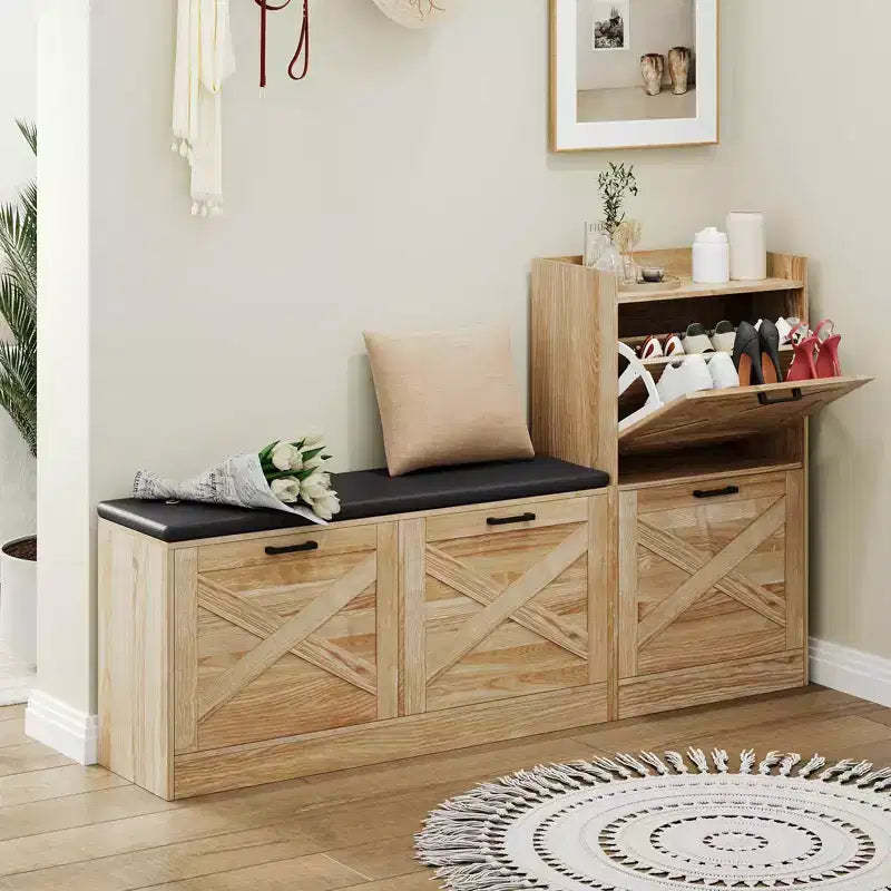 Entryway Bench and Shoe Cabinet with 4 Flip Drawers for Organized Storage for Foyer, Hallway, Living Room