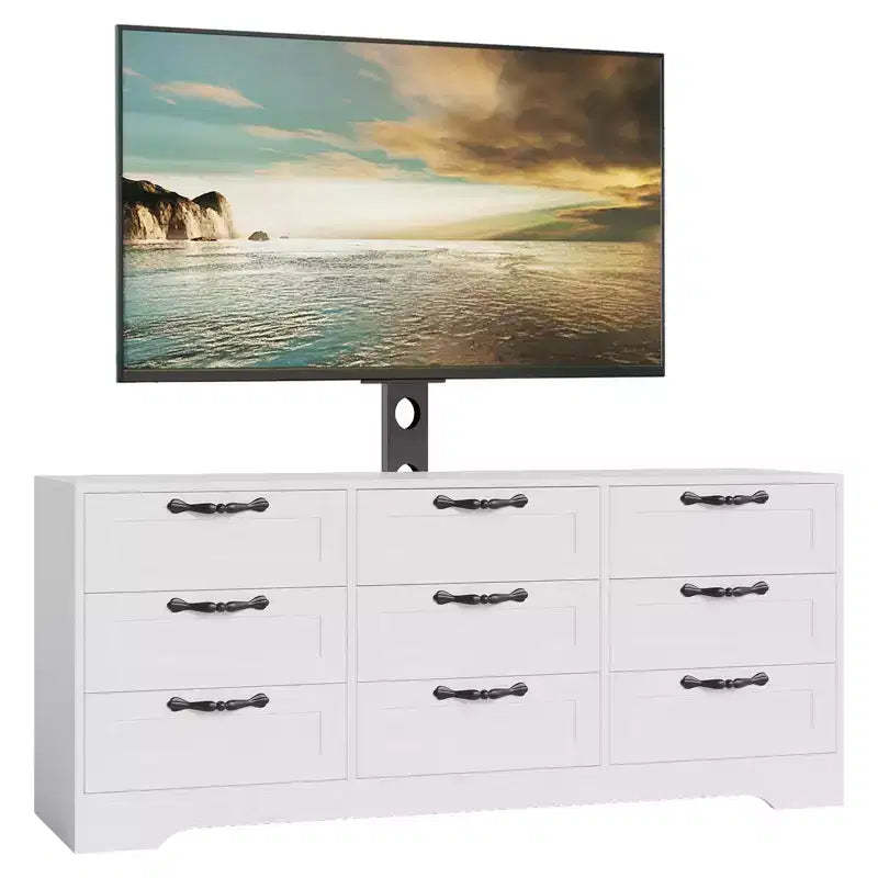 Modern 9 Drawer Dresser TV Stand with Mount for 32-85'' TVs  Ample Storage Drawers  Sturdy Media Console Table  Bedroom or Living Room  Black