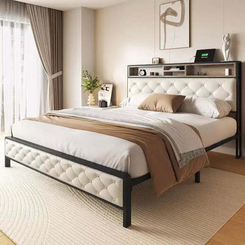 GDFStudio Roger Modern Platform Bed Frame with Upholstered Storage Headboard and Footboard