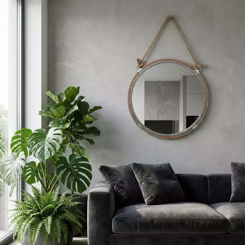 Round Wall Mirror with Coastal Rope Frame for Bedroom Decor - Metal and Glass Wall Decor for Hallway, Entryway, and Living Room - 31, Brown & Silver