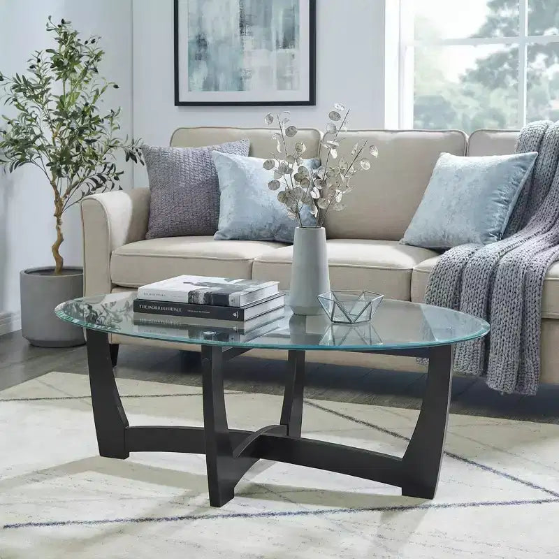 JVNOXK 48 Oval Tempered Glass Coffee Table with Solid Wood Frame for Living Room, Office & Apartment