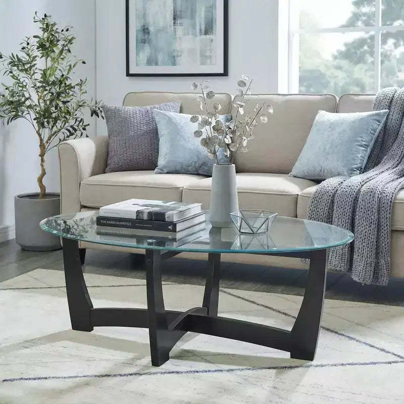 JVNOXK 48 Oval Tempered Glass Coffee Table with Solid Wood Frame for Living Room, Office & Apartment